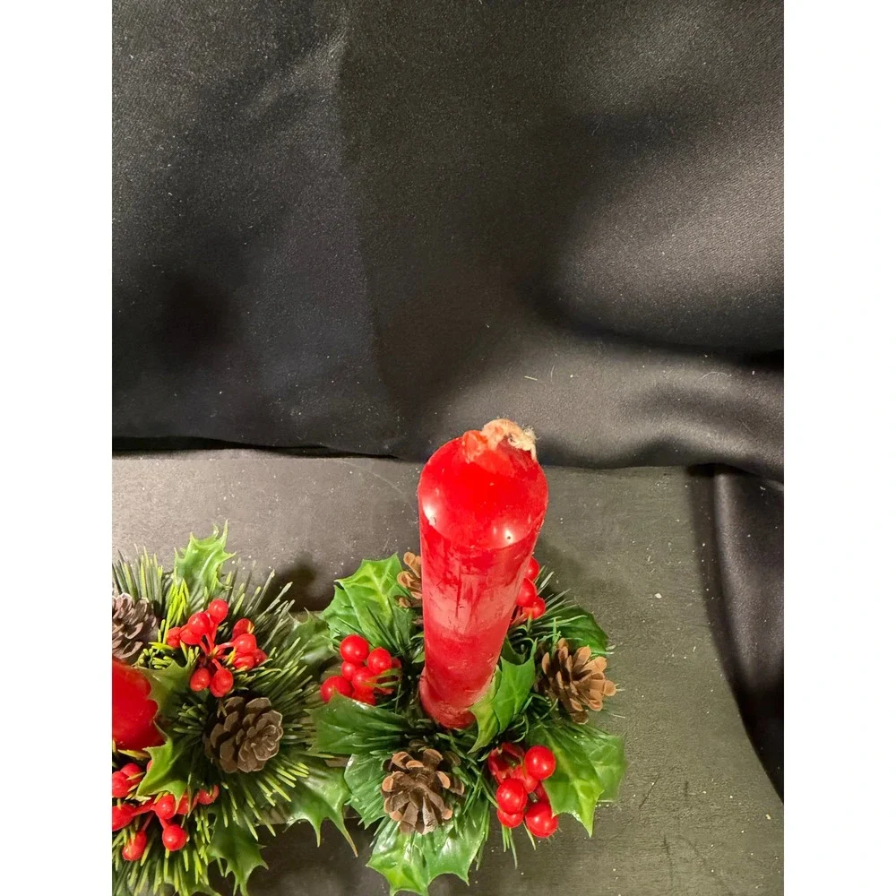 Vintage Christmas Holly Berry Pinecone Candle Rings with Red Taper Candles Set